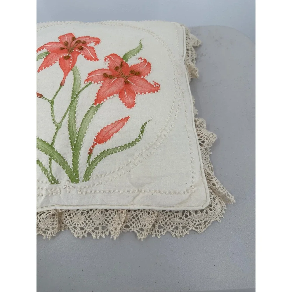 Vintage Floral Hand Painted Lily Throw Pillow Candlewick Lace Trim Cottagecore